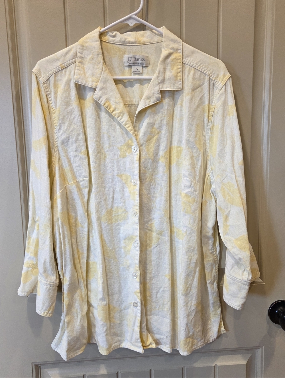 CJ Banks Plus Size 2X Yellow White Tropical Floral Linen Rayon Shirt Cottagecore